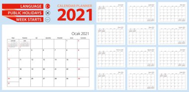 2021 Türk takvim planlayıcısı. Türkçe, hafta pazar günü başlıyor. Vektör şablonu.