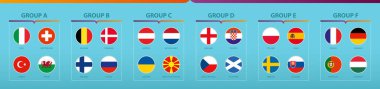 Futbol turnuvası bayrakları gruba göre dizildi. Vektör bayrağı koleksiyonu.