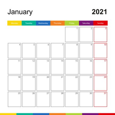 2021 Ocak 'ının renkli duvar takvimi, hafta pazartesi başlıyor. 2021 Takvim şablonu.