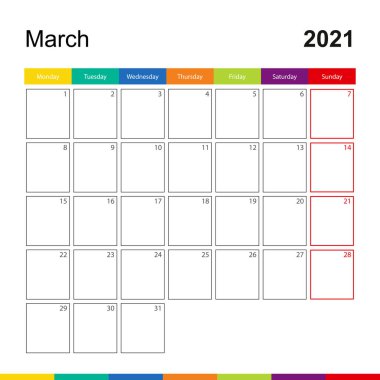 Mart 2021 renkli duvar takvimi, hafta pazartesi başlıyor. 2021 Takvim şablonu.