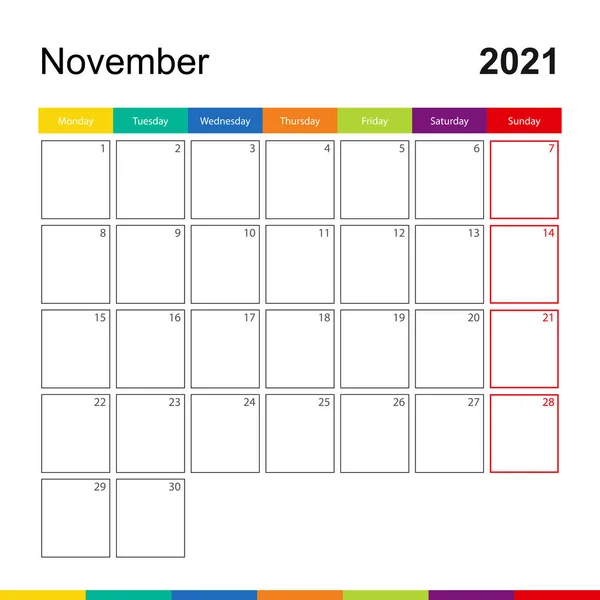 Noviembre 2021 Colorido Calendario Pared Semana Comienza Lunes Plantilla Calendario — Vector de stock