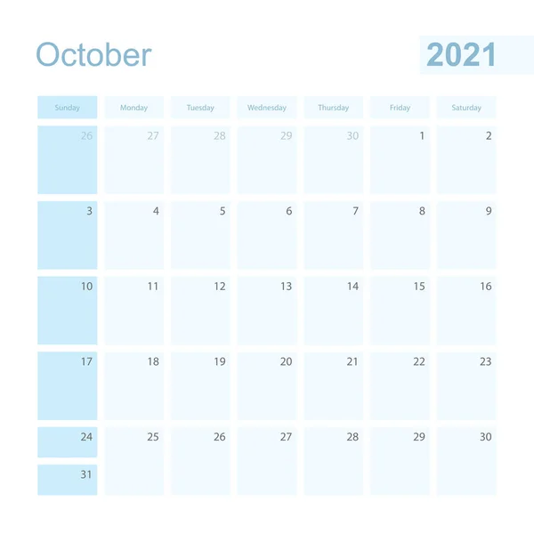 2021 Outubro Planejador Parede Cor Azul Semana Começa Domingo Calendário — Vetor de Stock