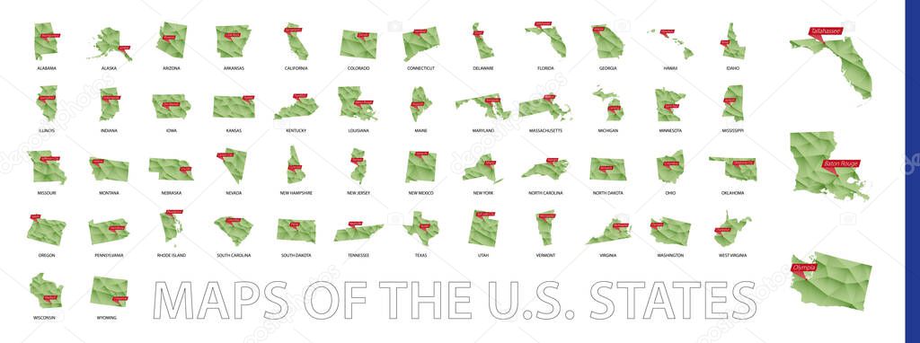 Green Gradient Low Poly US States Maps. Big Collection of US States Maps Sorted by Alphabetically. Vector Illustration.