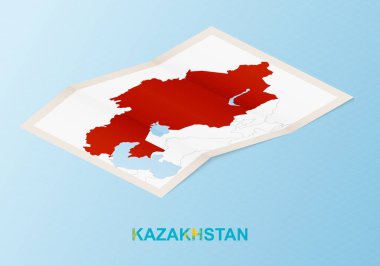 Kazakistan 'ın, komşu ülkelerle izometrik tarzda katlanmış kağıt haritası.