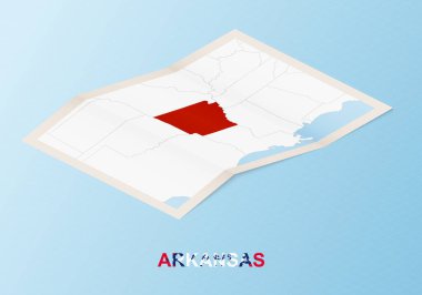 Arkansas 'ın katlanmış kağıt haritası mavi vektör arkaplan üzerinde izometrik tarzda komşu ülkelerle.