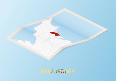 New Jersey 'in katlanmış kağıt haritası ve komşu ülkeler izometrik tarzda.