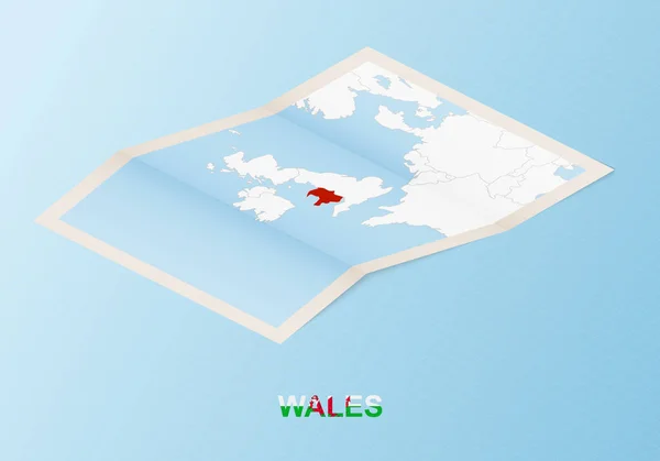 Összehajtogatott Papír Térkép Wales Szomszédos Országokkal Izometrikus Stílusban — Stock Vector