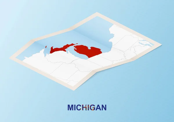 Michigan Katlanmış Kağıt Haritası Komşu Ülkeler Izometrik Tarzda — Stok Vektör