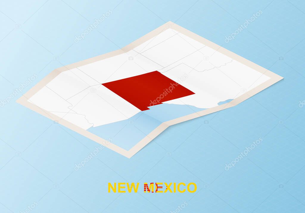 Folded paper map of New Mexico with neighboring countries in isometric style on blue vector background.