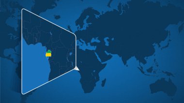Gabon 'un Bayraklı Genişletilmiş Gabon Haritası ile Dünya Haritasında yeri.