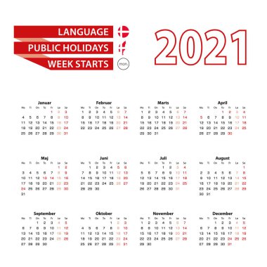 2021 yılında Danimarka 'da resmi tatillerle birlikte Danimarka dilinde 2021 takvimi. Hafta pazartesiden itibaren başlıyor. Vektör İllüstrasyonu.