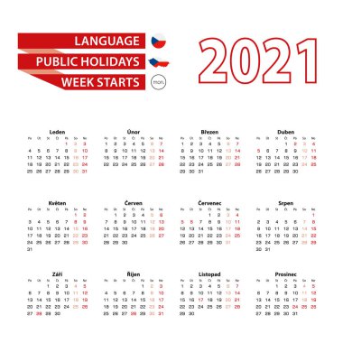 2021 yılında Çek Cumhuriyeti 'nde resmi tatillerle 2021 sayılı takvim. Hafta pazartesiden itibaren başlıyor. Vektör İllüstrasyonu.