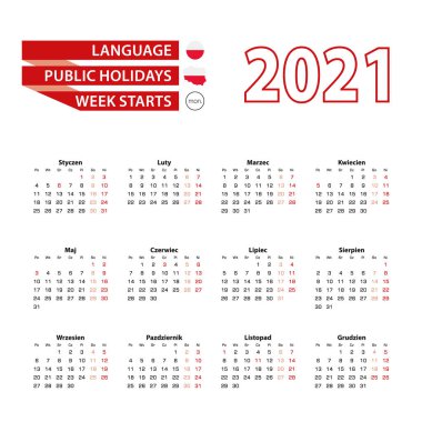 2021 yılında Polonya 'da resmi tatillerle birlikte 2021 sayılı takvim. Hafta pazartesiden itibaren başlıyor. Vektör İllüstrasyonu.