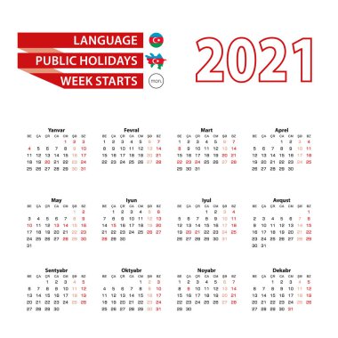 2021 yılında Azerbaycan 'da resmi tatillerle birlikte Azerbaycan dilinde 2021 takvim. Hafta pazartesiden itibaren başlıyor. Vektör İllüstrasyonu.