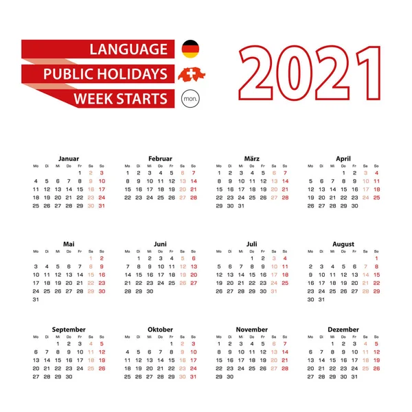 Ημερολόγιο 2021 Στη Γερμανία Γλώσσα Αργίες Χώρα Της Ελβετίας Έτος — Διανυσματικό Αρχείο
