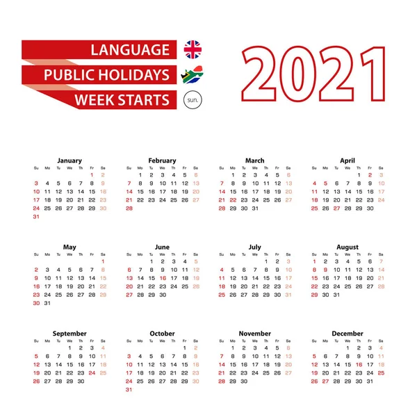 Ημερολόγιο 2021 Στην Αγγλική Γλώσσα Αργίες Στη Χώρα Της Νότιας — Διανυσματικό Αρχείο