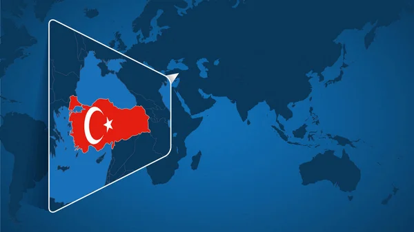 Türkiye Nin Dünya Haritasında Bayraklı Genişletilmiş Türkiye Haritası Üzerinde Yeri — Stok Vektör