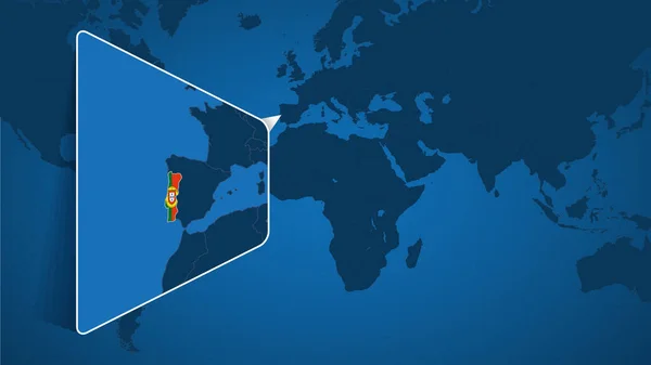 葡萄牙在有国旗的葡萄牙放大地图世界地图上的位置 — 图库矢量图片