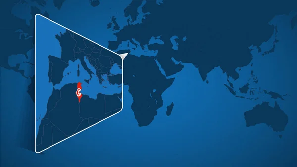 突尼斯在有国旗的放大地图的世界地图上的位置 — 图库矢量图片
