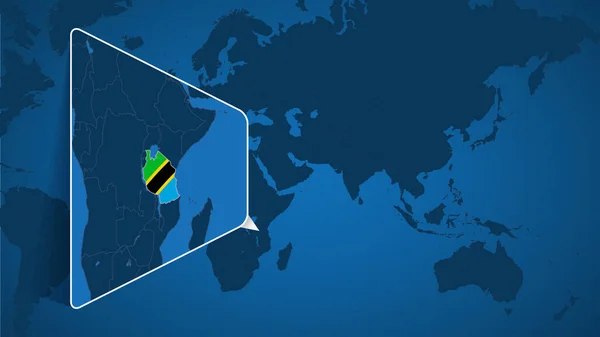 Localização Tanzânia Mapa Mundial Com Mapa Alargado Tanzânia Com Bandeira —  Vetores de Stock