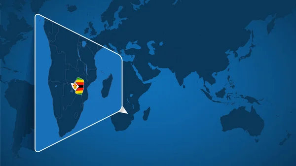 津巴布韦在有国旗的放大地图的世界地图上的位置 — 图库矢量图片