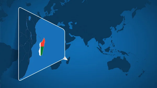 Localização Madagáscar Mapa Mundial Com Mapa Ampliado Madagáscar Com Bandeira —  Vetores de Stock