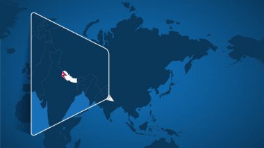 Nepal 'in Bayraklı Genişletilmiş Nepal Haritasıyla Dünya Haritasında Konumu.