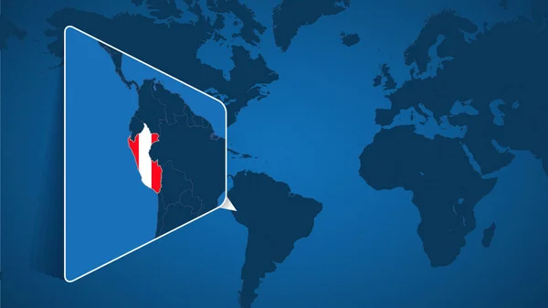 Placering Peru Världskartan Med Förstorad Karta Över Peru Med Flagga — Stock vektor