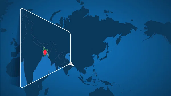 Расположение Бангладеш Карте Мира Увеличенной Картой Бангладеш Флагом — стоковый вектор