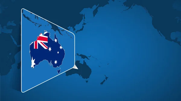 Ubicación Australia Mapa Mundial Con Mapa Ampliado Australia Con Bandera — Archivo Imágenes Vectoriales