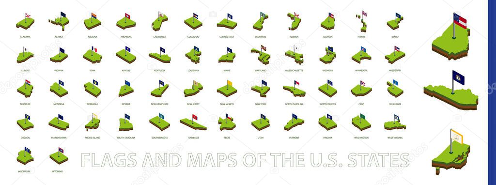 US States Isometric Map and Flag Collection. All US State maps and flags. Vector collection.