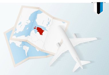 Estonya 'ya seyahat, Estonya bayrağı ve haritası olan en iyi manzaralı uçak.