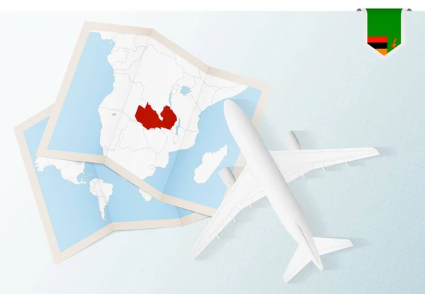 Matkustaa Sambiaan Ylhäältä Katsottuna Lentokone Kartta Lippu Sambia — vektorikuva