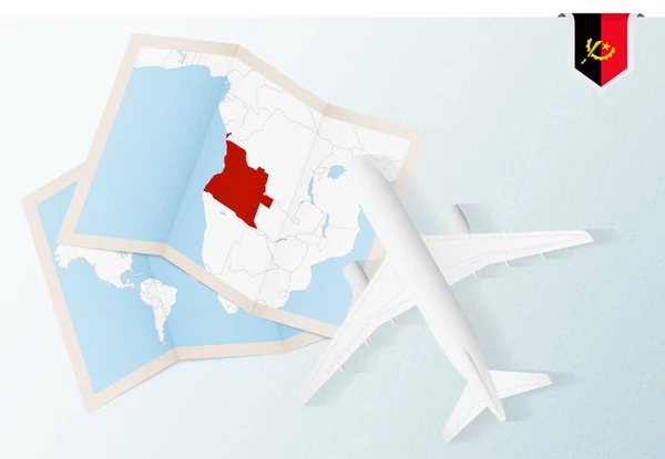 Cestování Angoly Pohled Shora Letadlo Mapou Vlajkou Angoly — Stockový vektor