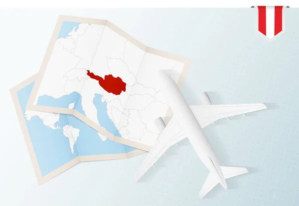 Cestování Rakouska Top View Letadlo Mapou Vlajkou Rakouska — Stockový vektor