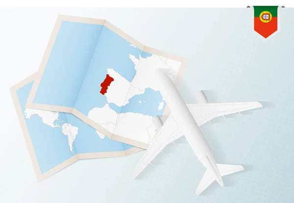 Viaje Para Portugal Avião Com Vista Superior Com Mapa Bandeira —  Vetores de Stock