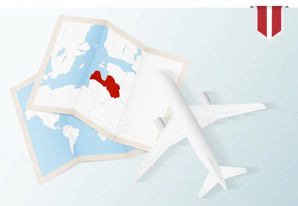 Podróż Łotwy Widok Góry Samolot Mapą Flagą Łotwa — Wektor stockowy
