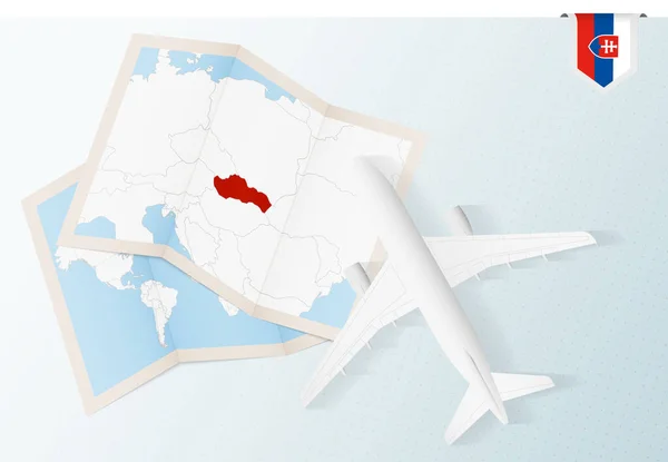 Viajar Eslovaquia Vista Superior Del Avión Con Mapa Bandera Eslovaquia — Vector de stock