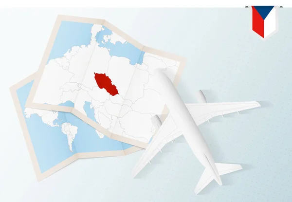 Ταξίδι Στην Τσεχική Δημοκρατία Top View Αεροπλάνο Χάρτη Και Σημαία — Διανυσματικό Αρχείο