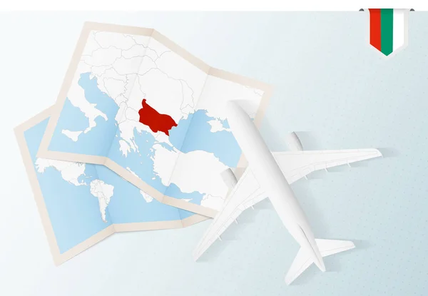 Viajar Bulgaria Vista Superior Del Avión Con Mapa Bandera Bulgaria — Vector de stock