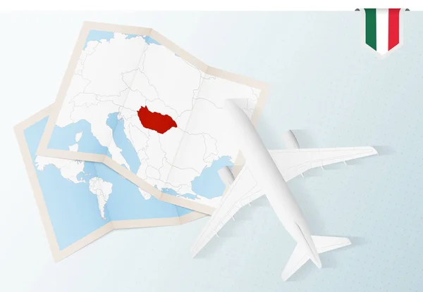 Viaje Para Hungria Avião Com Vista Superior Com Mapa Bandeira —  Vetores de Stock