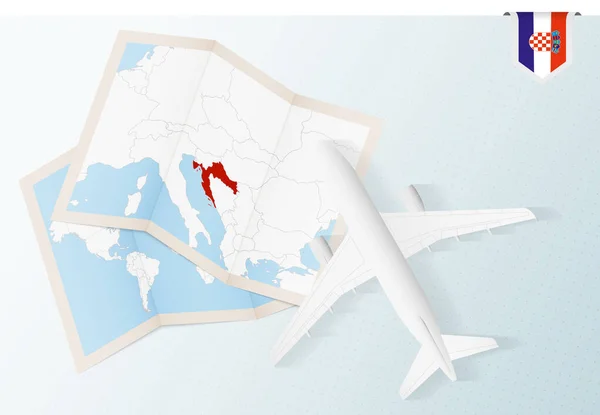Viajar Para Croácia Vista Superior Avião Com Mapa Bandeira Croácia —  Vetores de Stock