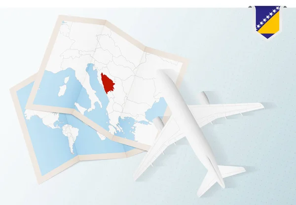Viaje Para Bósnia Herzegovina Avião Com Vista Superior Com Mapa — Vetor de Stock