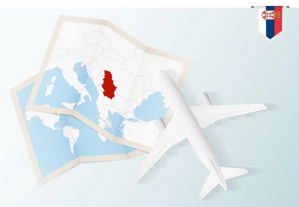 Viajar Para Sérvia Vista Superior Avião Com Mapa Bandeira Sérvia —  Vetores de Stock
