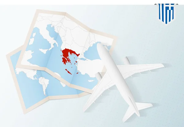 Ταξίδι Στην Ελλάδα Top View Αεροπλάνο Χάρτη Και Σημαία Της — Διανυσματικό Αρχείο
