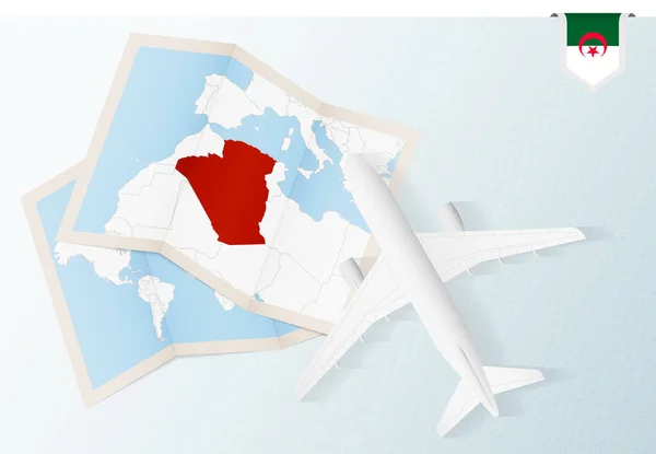 Viaje Para Argélia Vista Superior Avião Com Mapa Bandeira Argélia — Vetor de Stock