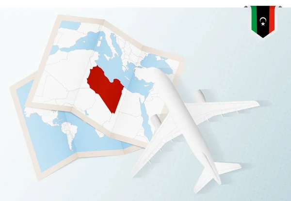 Viajar Libia Vista Superior Del Avión Con Mapa Bandera Libia — Archivo Imágenes Vectoriales