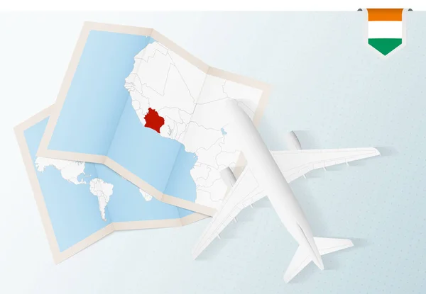 Reis Naar Ivoorkust Top View Vliegtuig Met Kaart Vlag Van — Stockvector