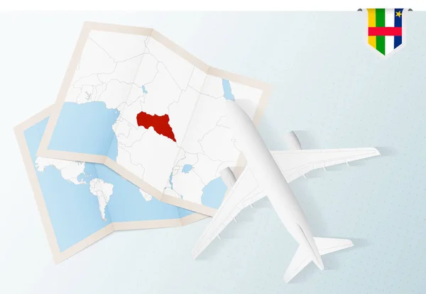 Cestování Středoafrické Republiky Top View Letadlo Mapou Vlajkou Středoafrické Republiky — Stockový vektor