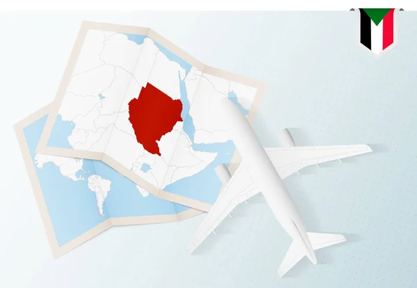 Viaje Sudán Vista Superior Del Avión Con Mapa Bandera Sudán — Vector de stock